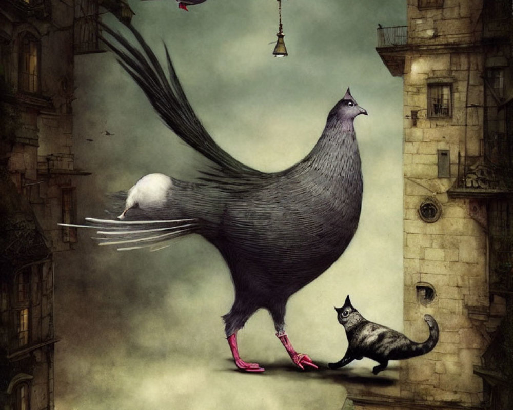 Surreal artwork featuring large bird with peacock-like tail and black cat in pink heels