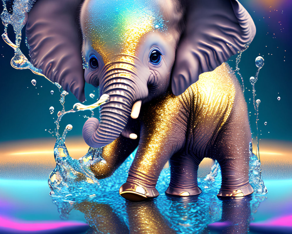 Golden glitter baby elephant in colorful digital artwork