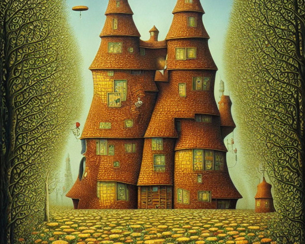 Whimsical painting of multi-turreted house in pumpkin fields