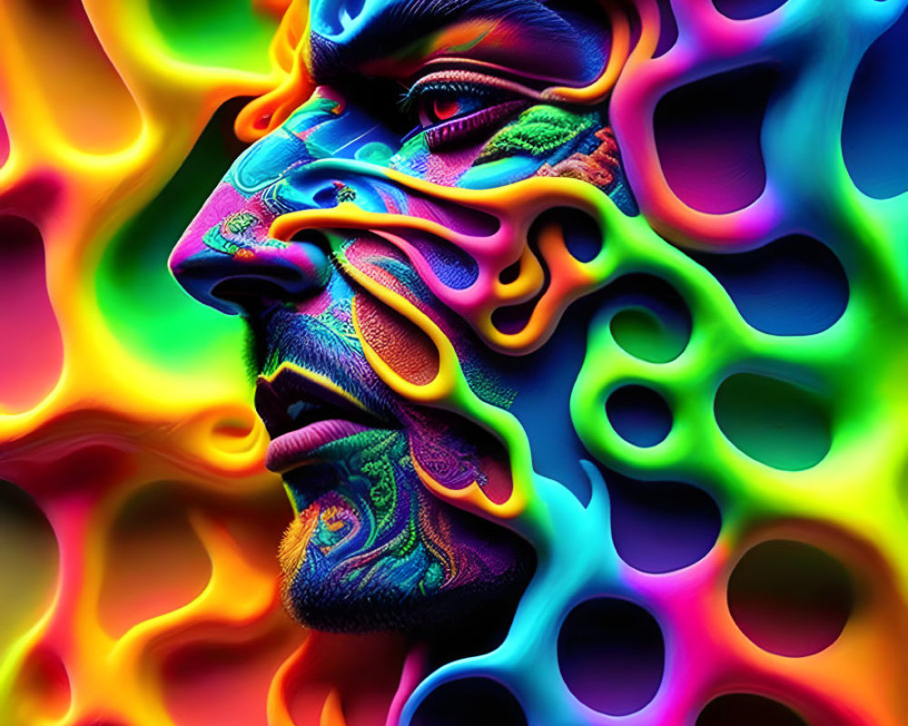 Colorful digital artwork of male face with flowing psychedelic patterns