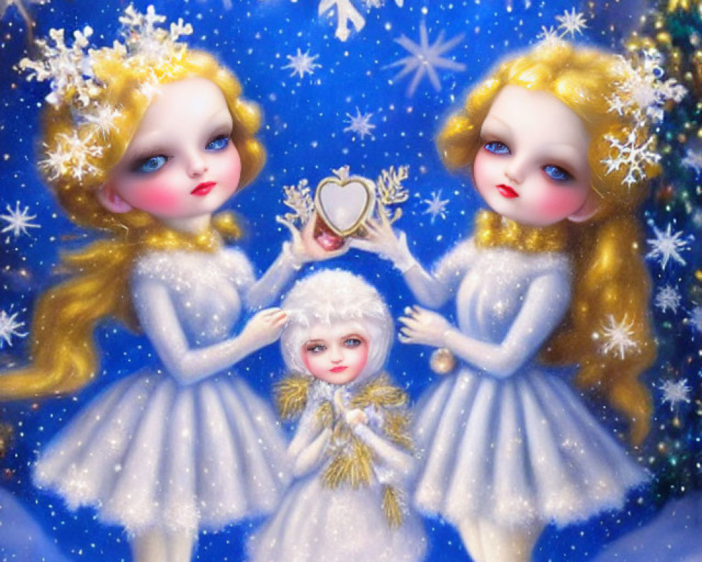 Golden-haired figures holding hands in snowy scene with snowflakes.