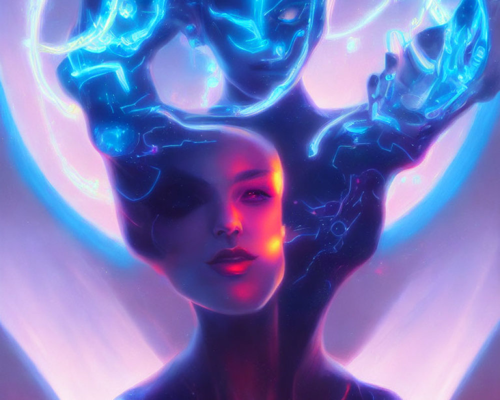 Stylized portrait of woman with neon blue brain-like structures on vibrant background