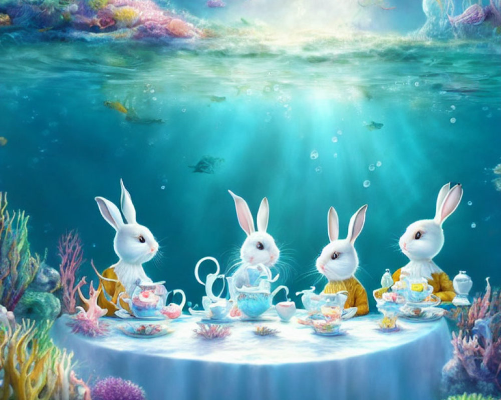 Anthropomorphic rabbits having tea underwater with coral and sea life