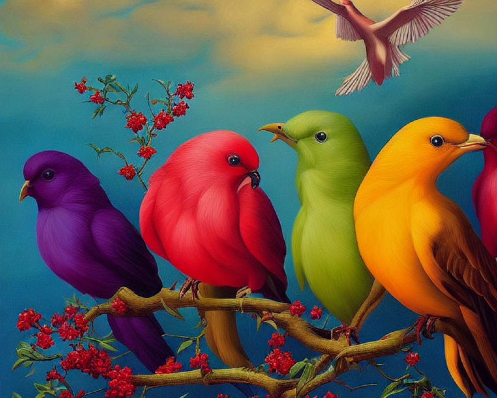 Colorful Birds Perched on Branches with Red Berries in Vibrant Painting