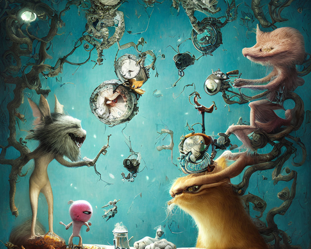 Whimsical anthropomorphic creatures in dreamlike underwater scene