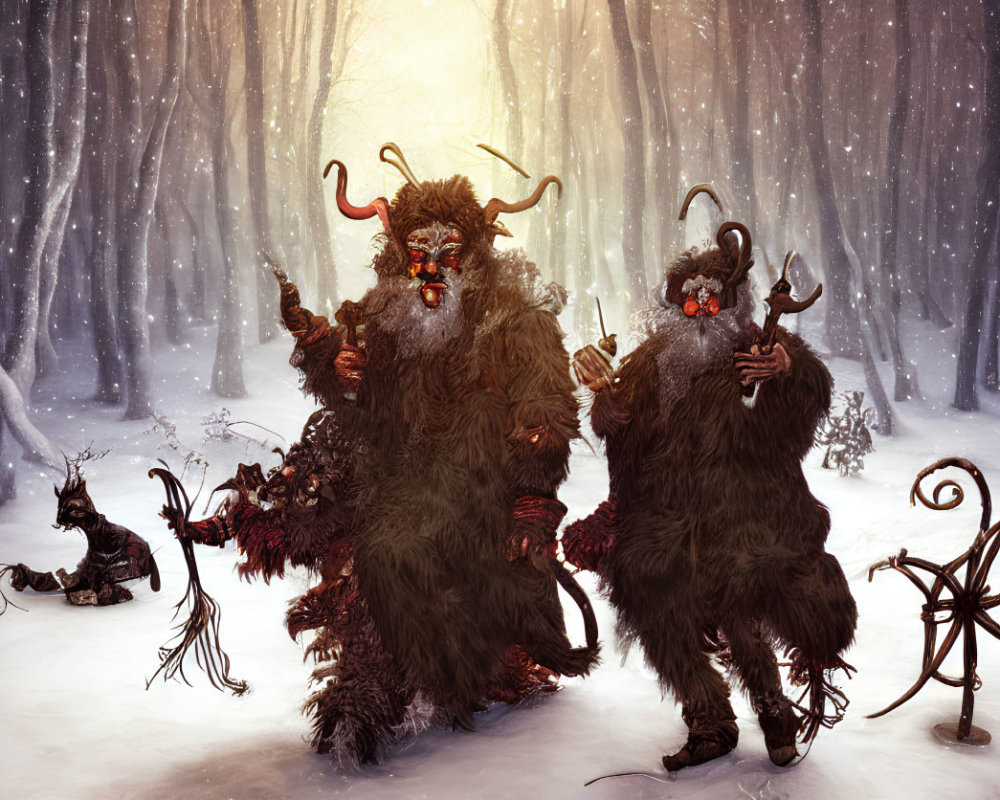 Mythical creatures with horns and fur in snowy forest with staff and chain