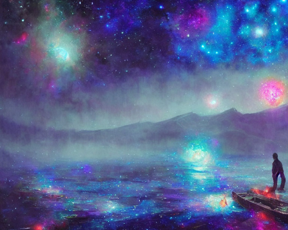 Person standing on boat in starlit cosmic scene