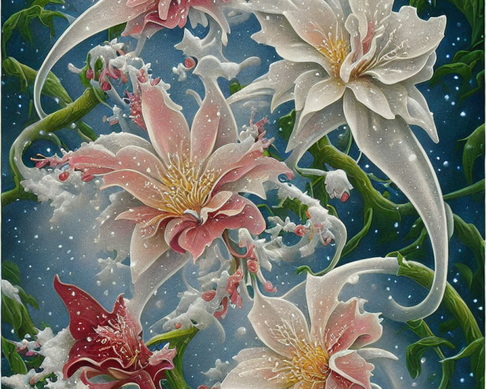 Detailed painting of white and pink lilies with dewdrops, green leaves, red berries, and star