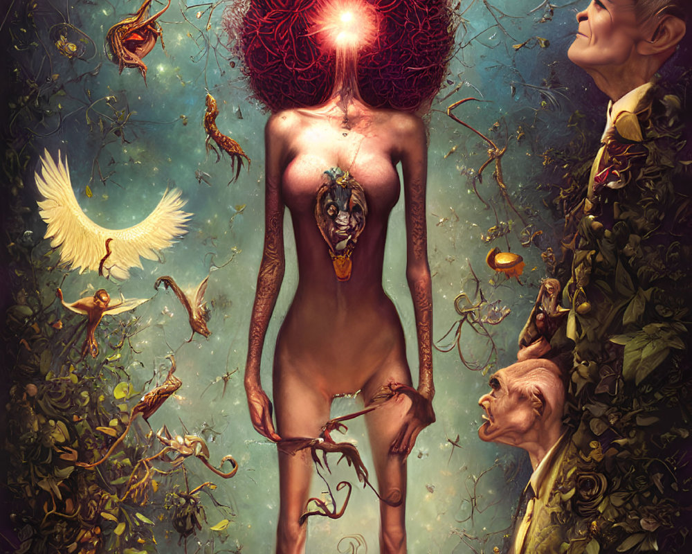 Vibrant surreal artwork: Woman with red hair, glowing heart, mystical creatures in fantastical flora