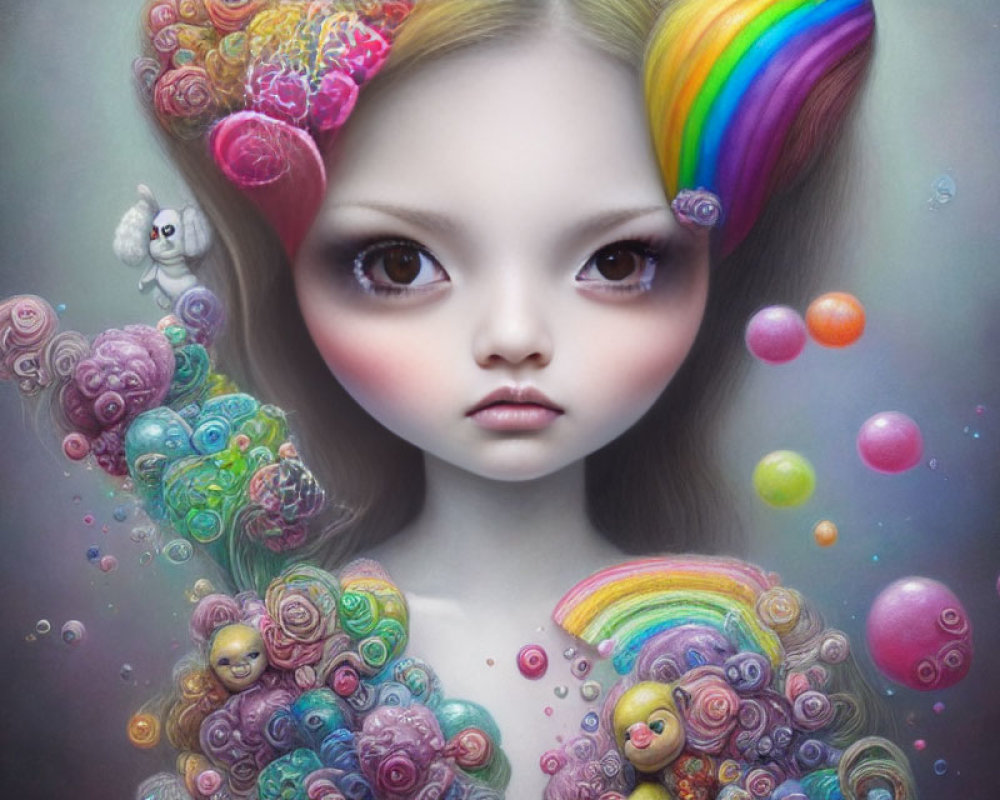Colorful digital artwork of girl with large eyes in candy, bubbles, and rainbows