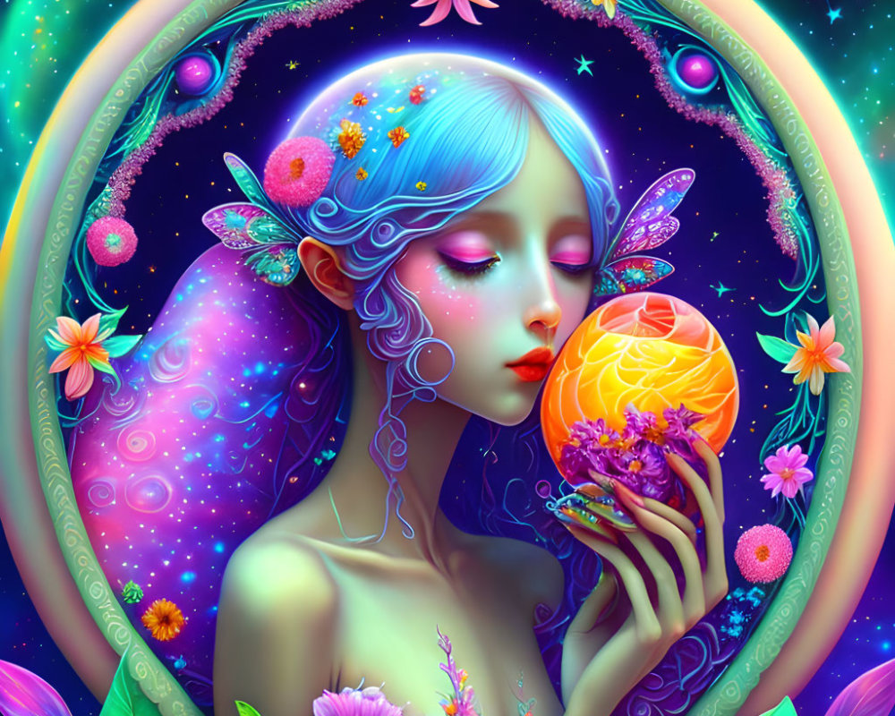 Surreal illustration of blue-skinned woman with glowing orb and celestial elements