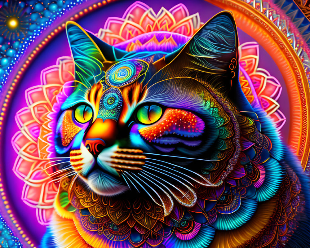 Colorful Psychedelic Cat Artwork with Mandala Background