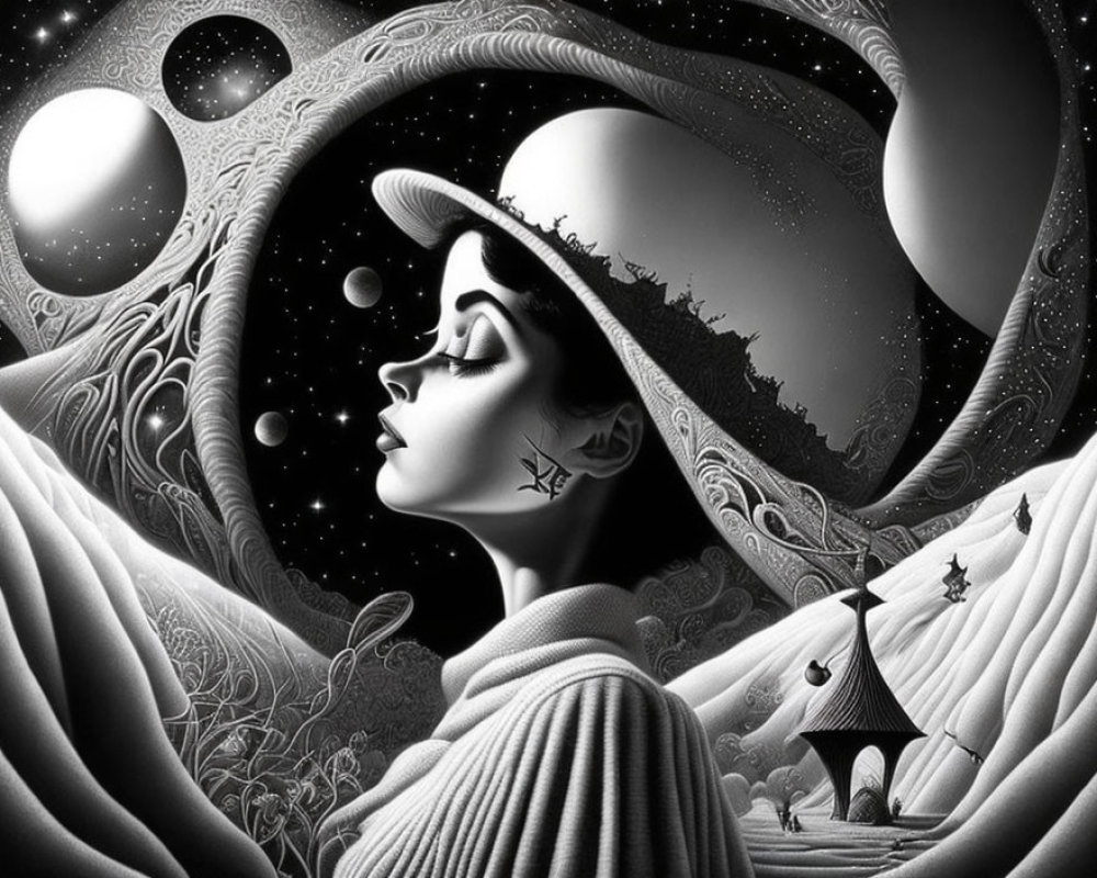 Monochromatic surreal artwork: Woman's profile, celestial bodies, intricate patterns