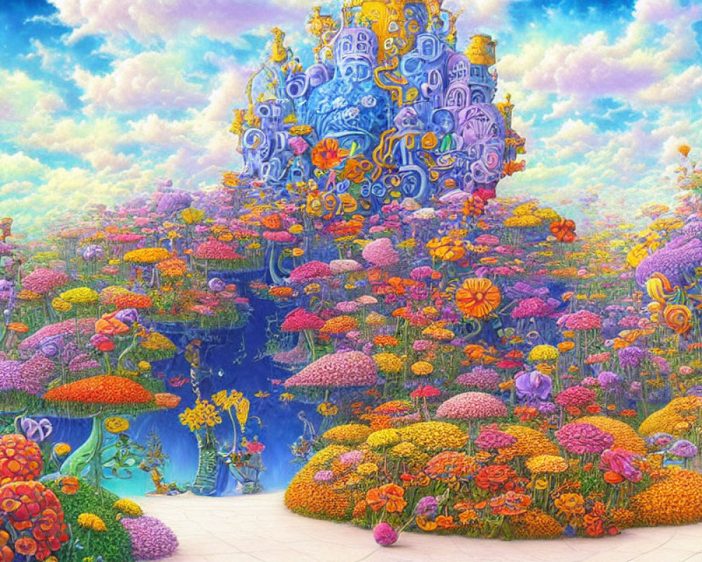 Colorful Flowers and Blue Castle in Fantasy Landscape