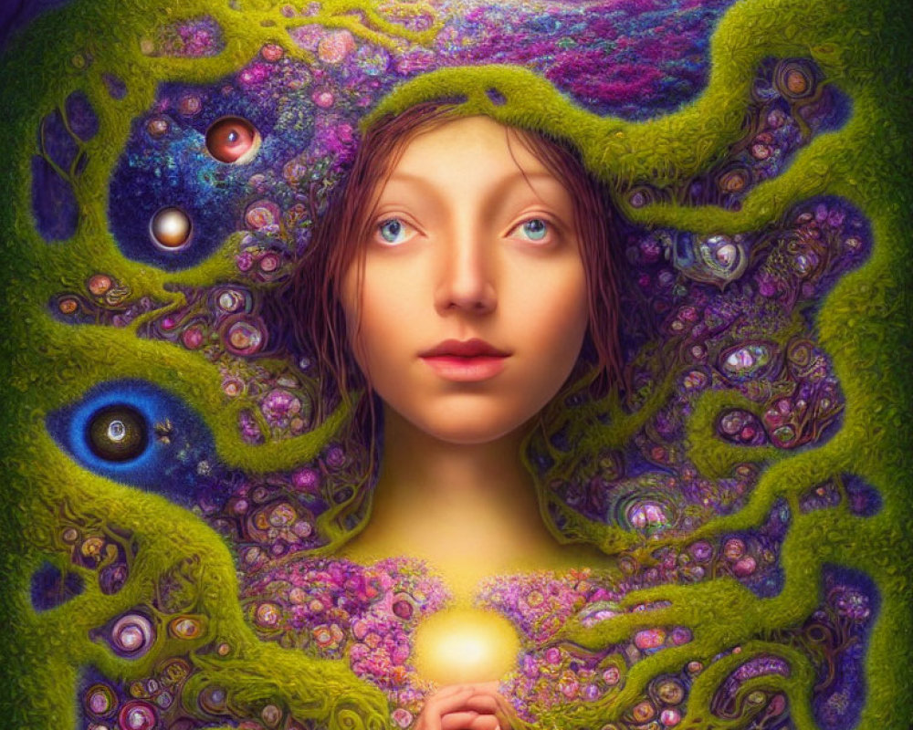 Surreal portrait of a woman with multiple eyes and vivid colors