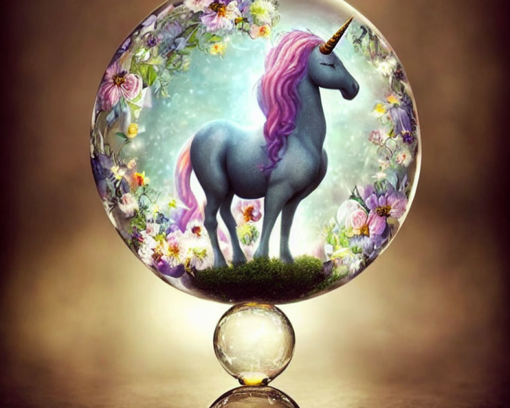 Majestic unicorn with pink mane in crystal ball on floral scene