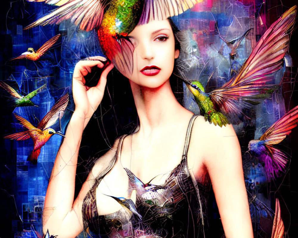 Vibrant hummingbirds surround woman with red lipstick on colorful abstract background