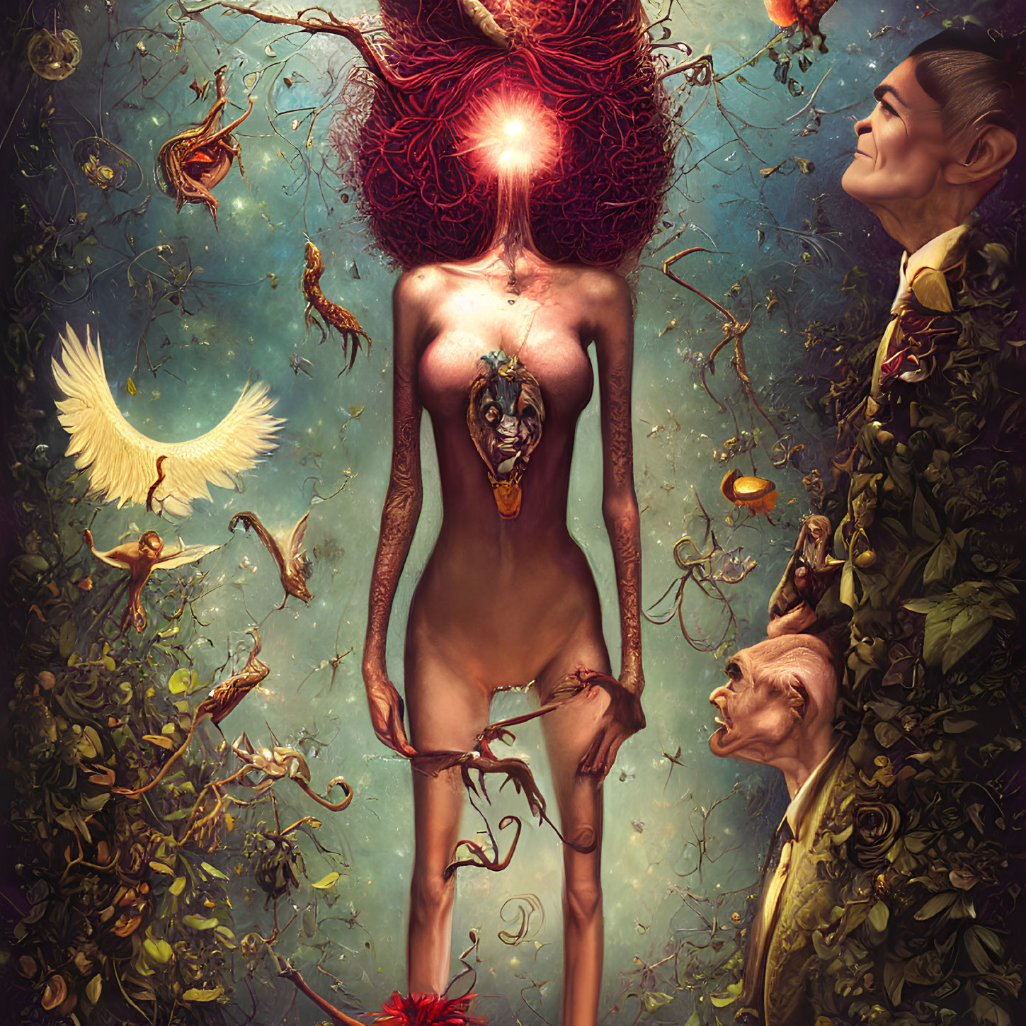 Vibrant surreal artwork: Woman with red hair, glowing heart, mystical creatures in fantastical flora