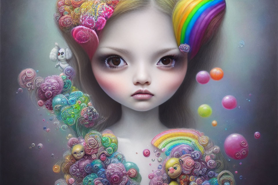 Colorful digital artwork of girl with large eyes in candy, bubbles, and rainbows