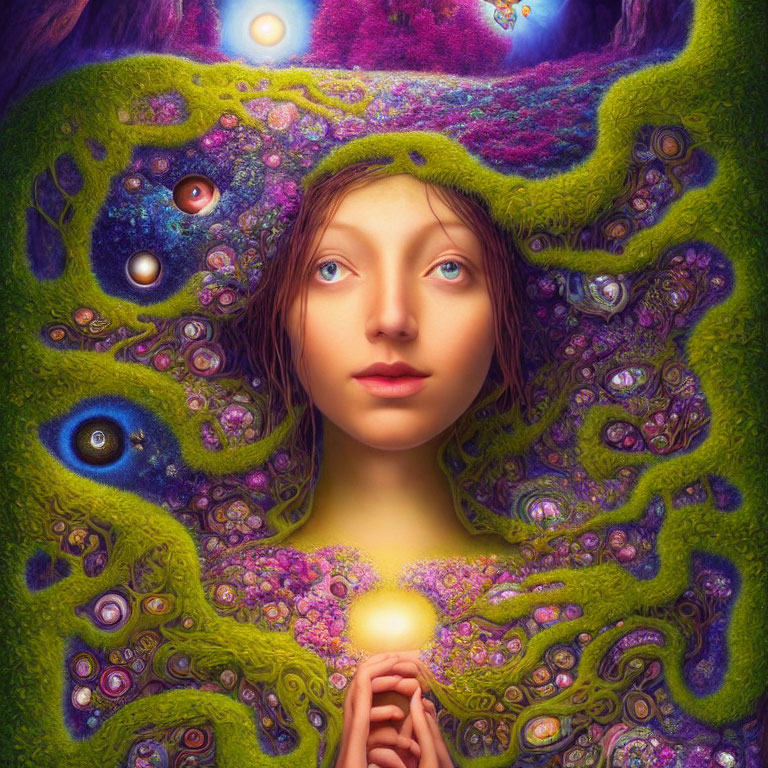 Surreal portrait of a woman with multiple eyes and vivid colors
