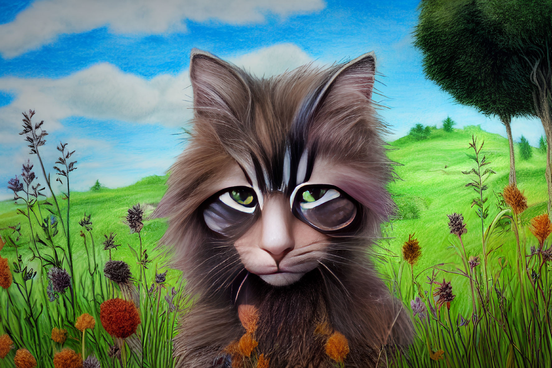 Whimsical illustration of fluffy cat in vibrant flower field