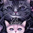 Stylized cats with crowns and pink bow on colorful splattered paint background