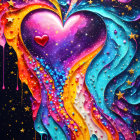Colorful heart-shaped cosmic nebulae and galaxies in vibrant blues, purples, and fiery