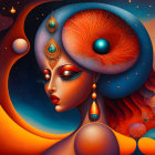 Cosmic-themed portrait of a woman with fiery elements