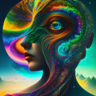 Colorful digital art featuring female figure in surreal landscape