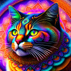 Colorful Psychedelic Cat Artwork with Mandala Background