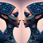 Symmetrical stylized female figures with peacock headdresses on starry gradient background
