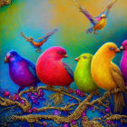 Colorful Birds Perched on Branches with Red Berries in Vibrant Painting