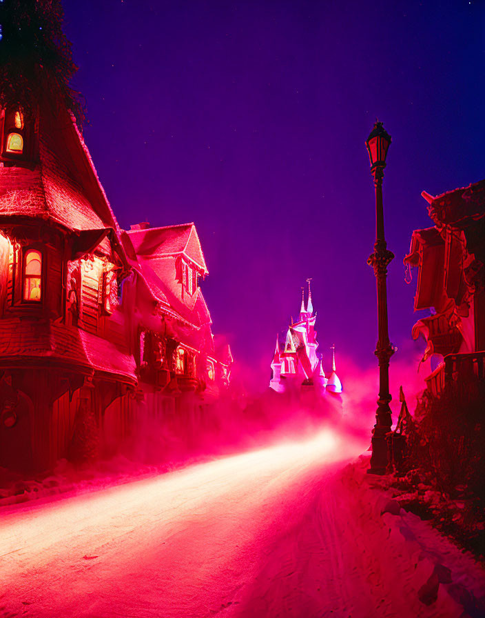 Snowy Night Scene: Traditional Houses & Vintage Streetlamp in Violet Sky