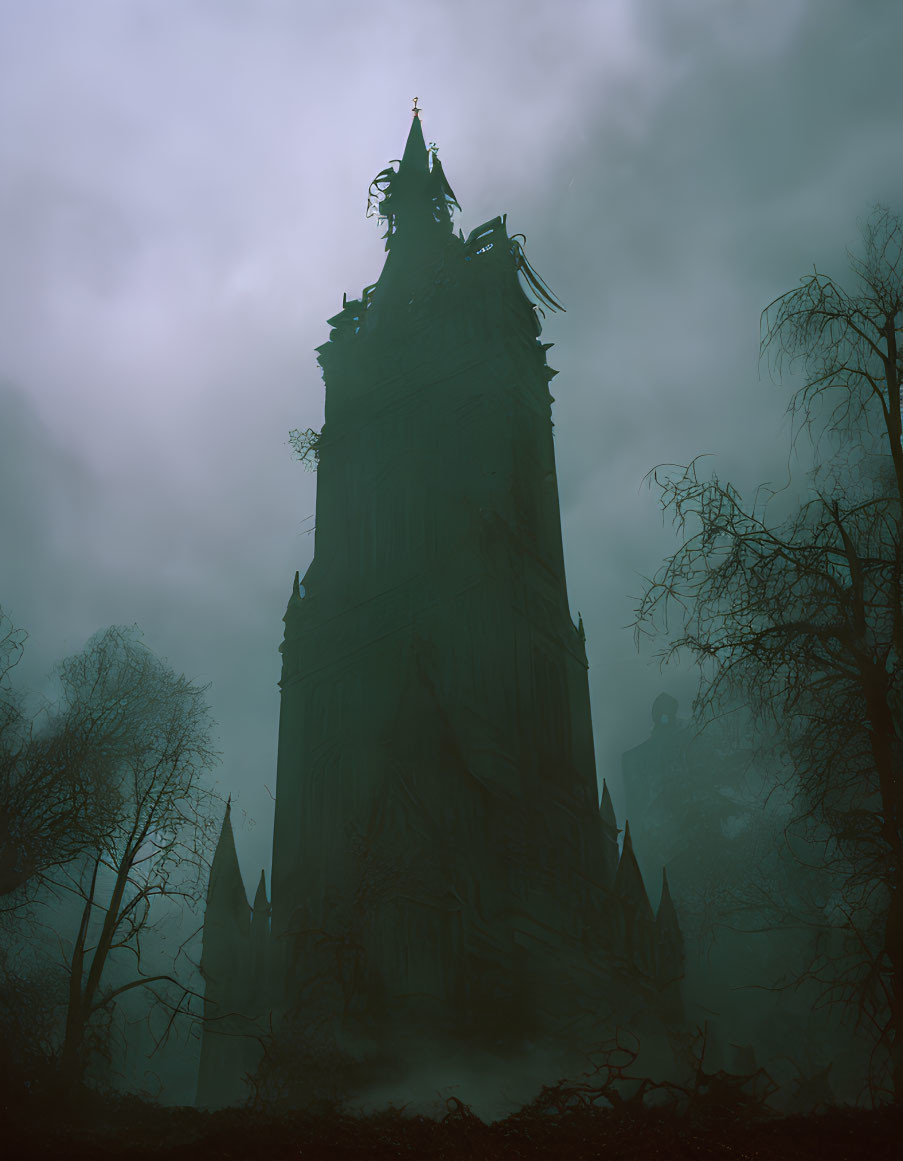 Gothic tower in mist with bare trees under overcast sky