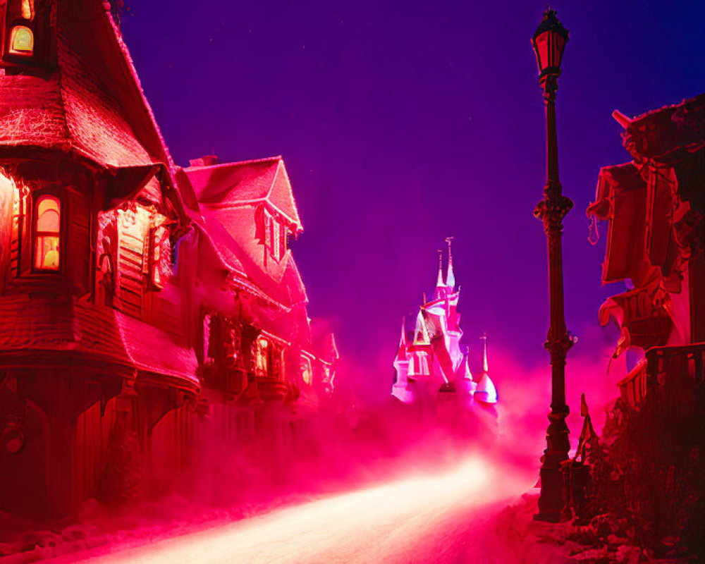 Snowy Night Scene: Traditional Houses & Vintage Streetlamp in Violet Sky