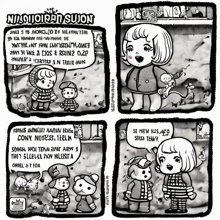Four black and white comic panels of girl with pigtails and teddy bear interacting with boy in