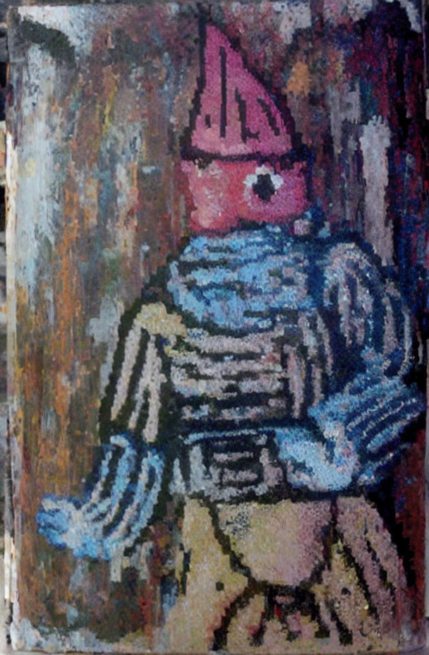 Textured Abstract Painting of Figure in Pink Hat on Aged Canvas