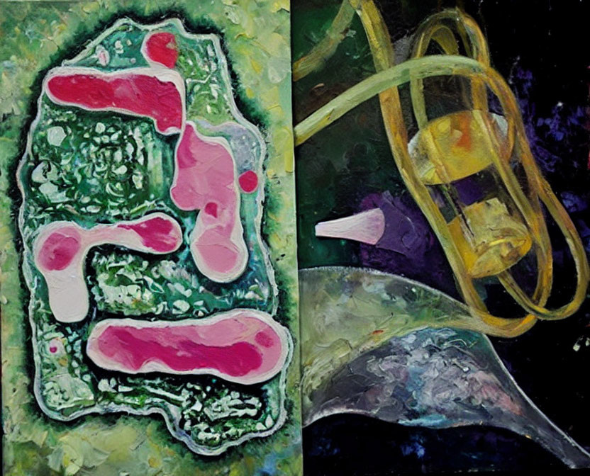 Vivid abstract diptych with cell-like structure and swirling yellow bands.