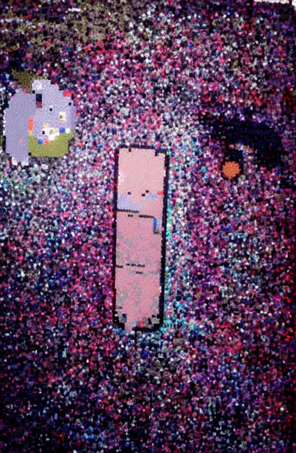Pixelated Grey Cat, Pink Face Object, Orange Circle on Speckled Background