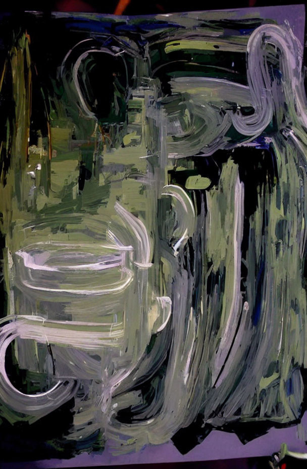 Abstract Painting with Broad Green, Black, & White Brushstrokes