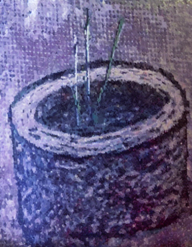 Impressionist-style painting of small plant in dark pot
