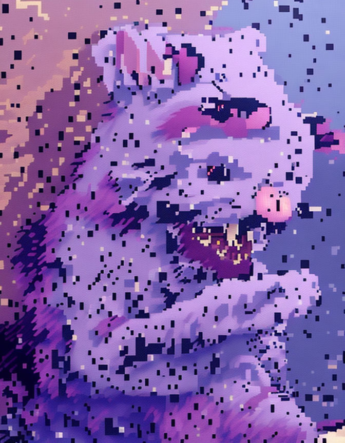 Stylized purplish bear pixel art with open mouth and colorful abstract background