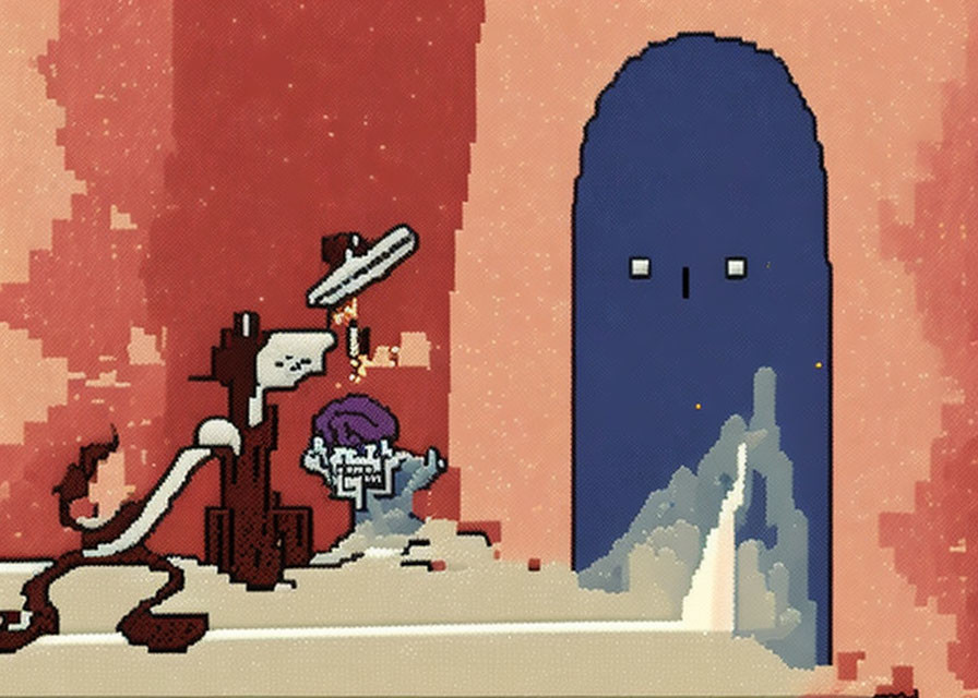 Pixel art scene: Skeleton with sword at blue door under red sky
