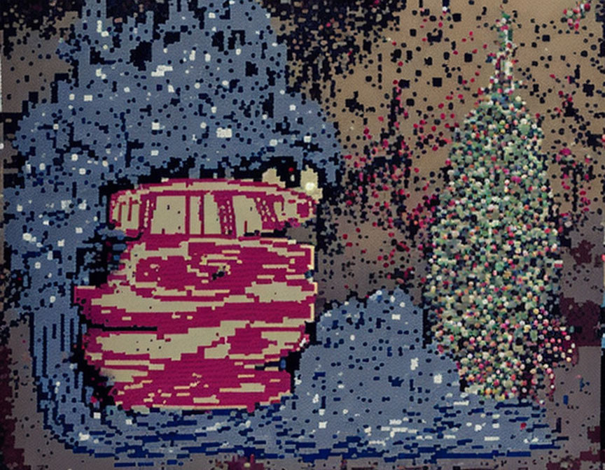 Red Striped Cup & Christmas Tree Pixel Art on Dotted Background