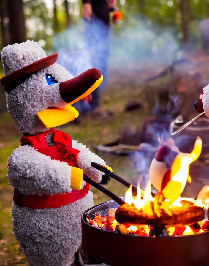  hobo duck fursuit cooking hotdogs over a fire
