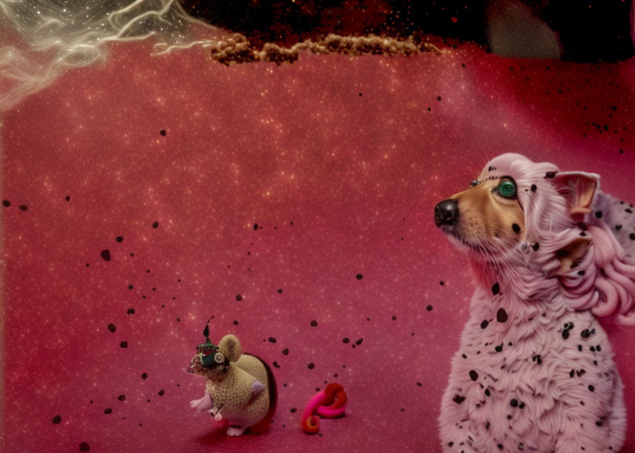 Surreal Dalmatian with pink fur in cosmic scene with astronaut on capybara