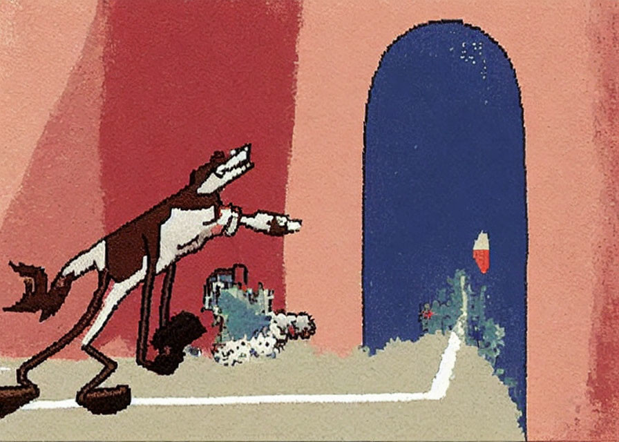Pixelated Wolf in Suit Pointing at Rocket Launch Through Doorway