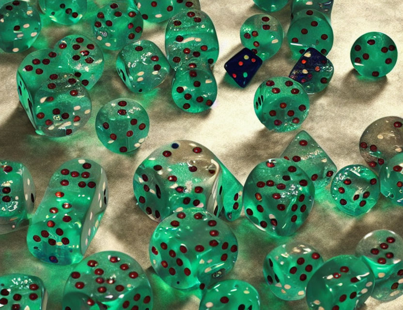 Green Transparent Dice with Red Dots and Blue Die Displayed