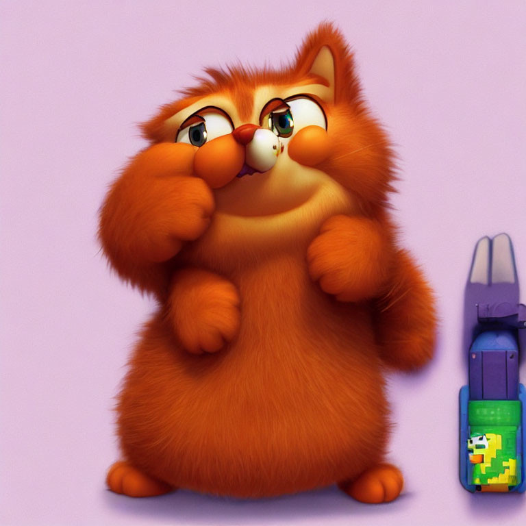 Shy chubby orange cartoon cat with big eyes next to green backpack