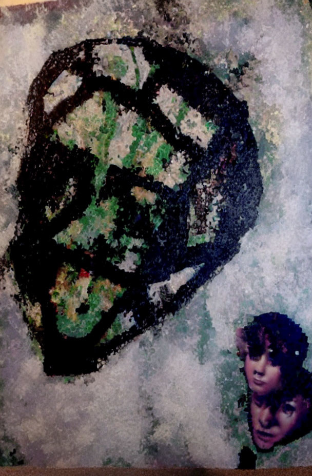 Textured abstract painting with faded faces and circular green pattern.